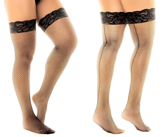 Black lace-trimmed fishnet thigh high stockings by Mapale 1110 in black showing front view design