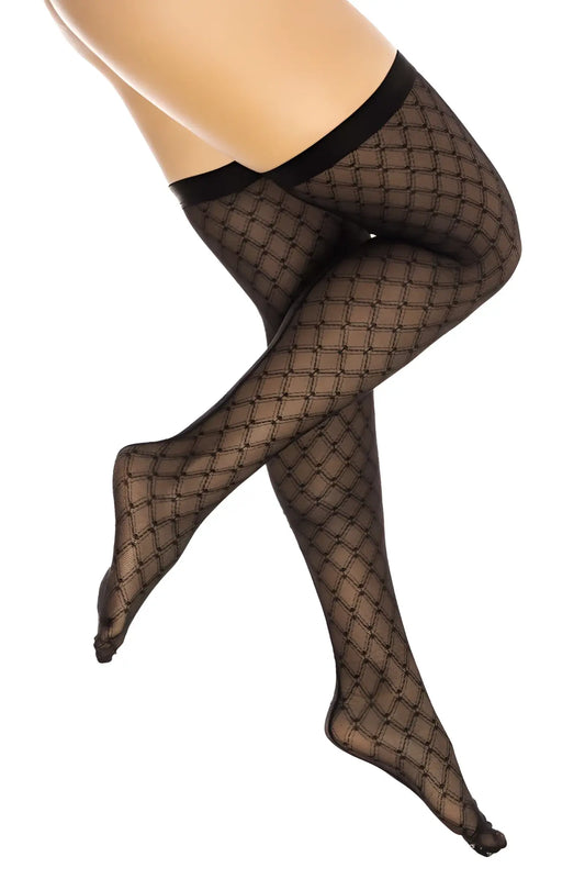 Black mesh thigh high stockings with subtle diamond pattern and solid black elastic waistband by Mapale 1112