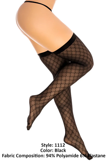 Mapale 1112 black thigh high stockings with diamond mesh pattern and reinforced elastic bands at the top