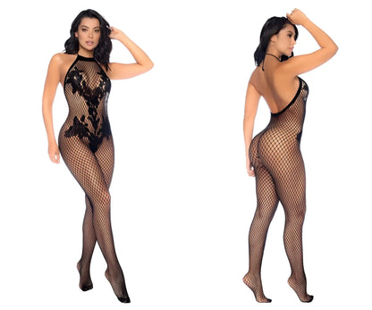 Black mapale 1116 halter and crotchless bodystocking with fishnet and floral lace detailing
