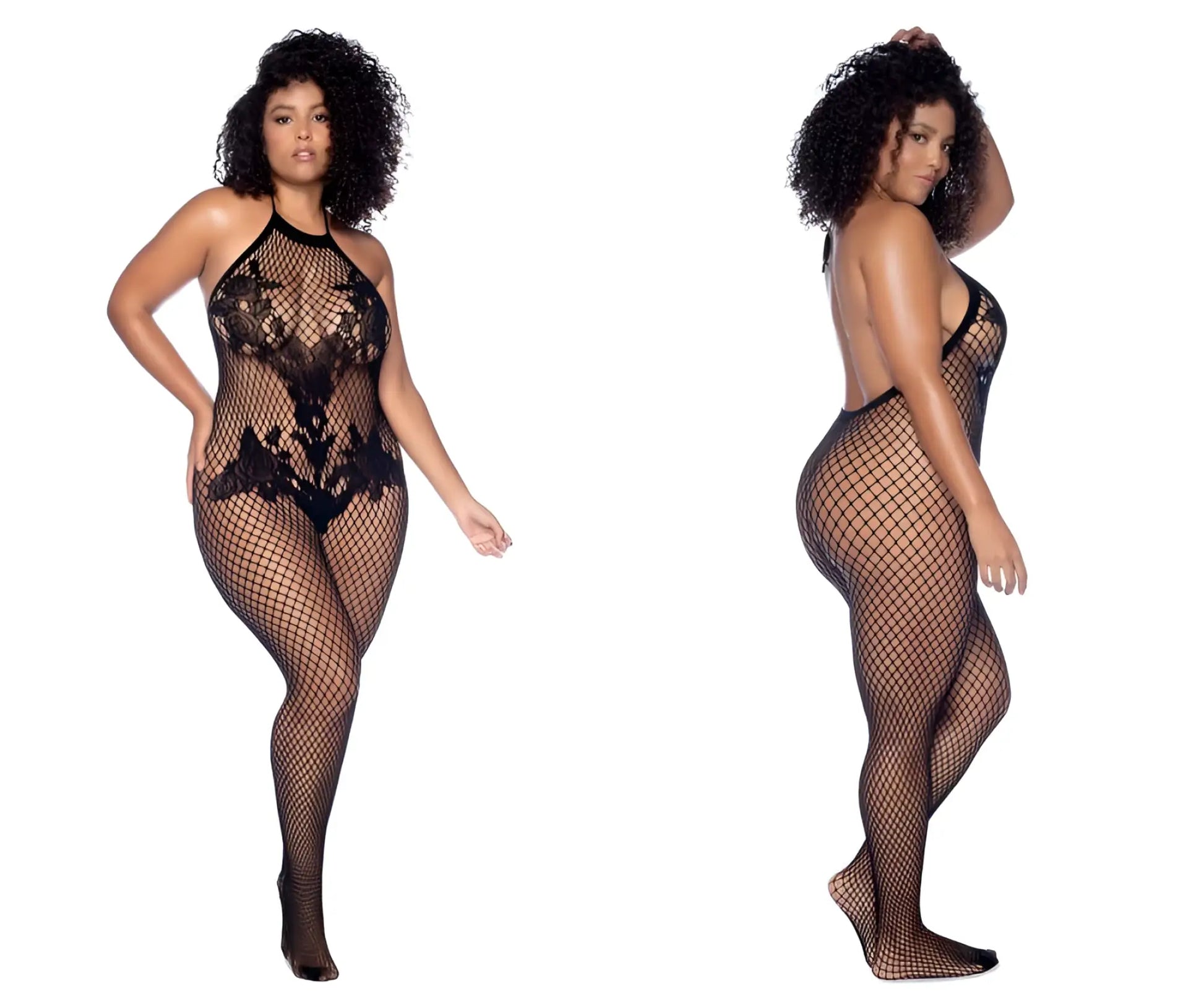 Black lace bodysuit mapale 1116x with halter neckline and crotchless floral fishnet mesh design in black