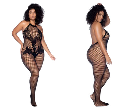Black lace bodysuit mapale 1116x with halter neckline and crotchless floral fishnet mesh design in black