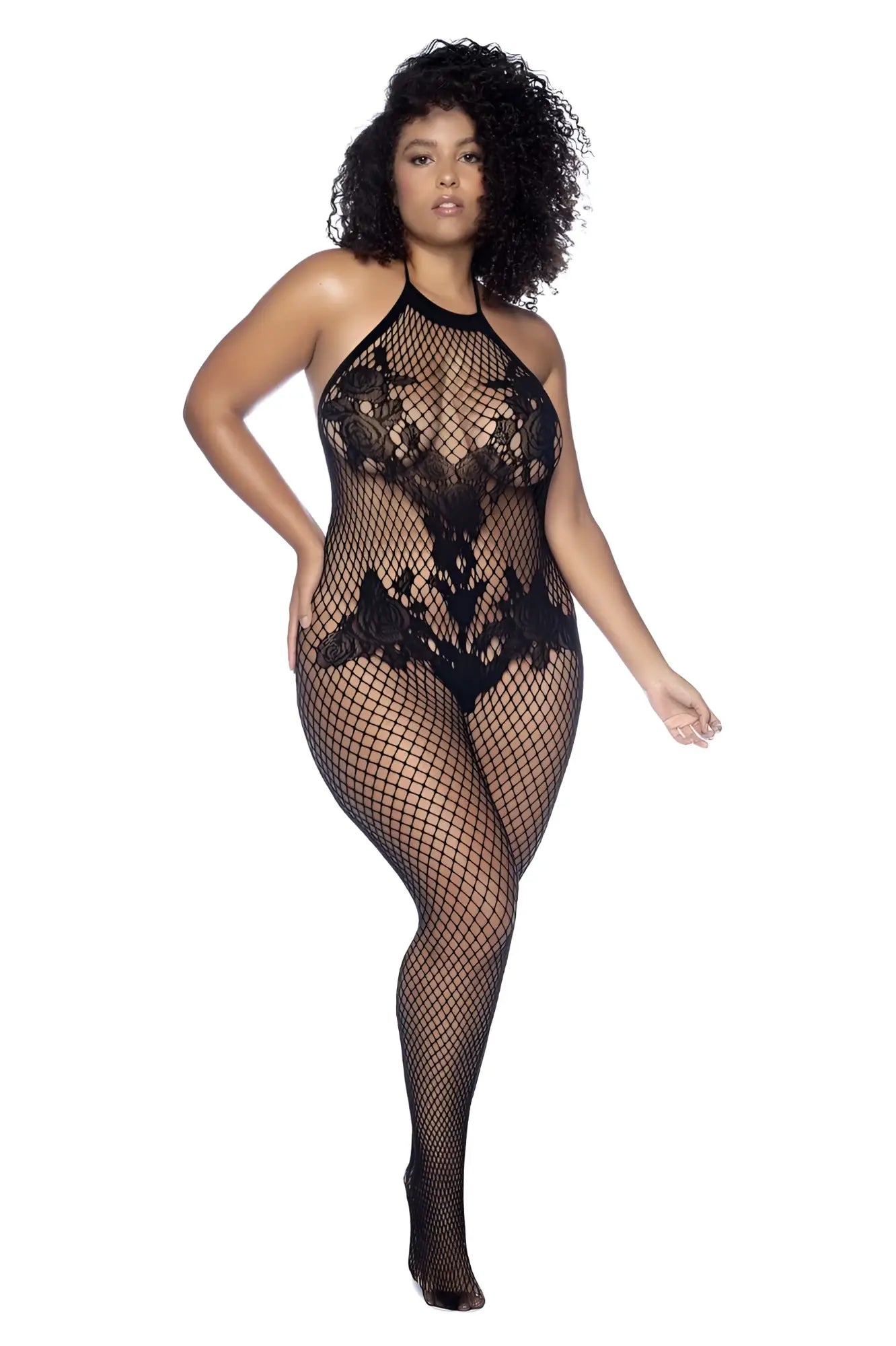 Black lace mesh bodysuit with halter neckline and intricate floral patterns by Mapale in black color