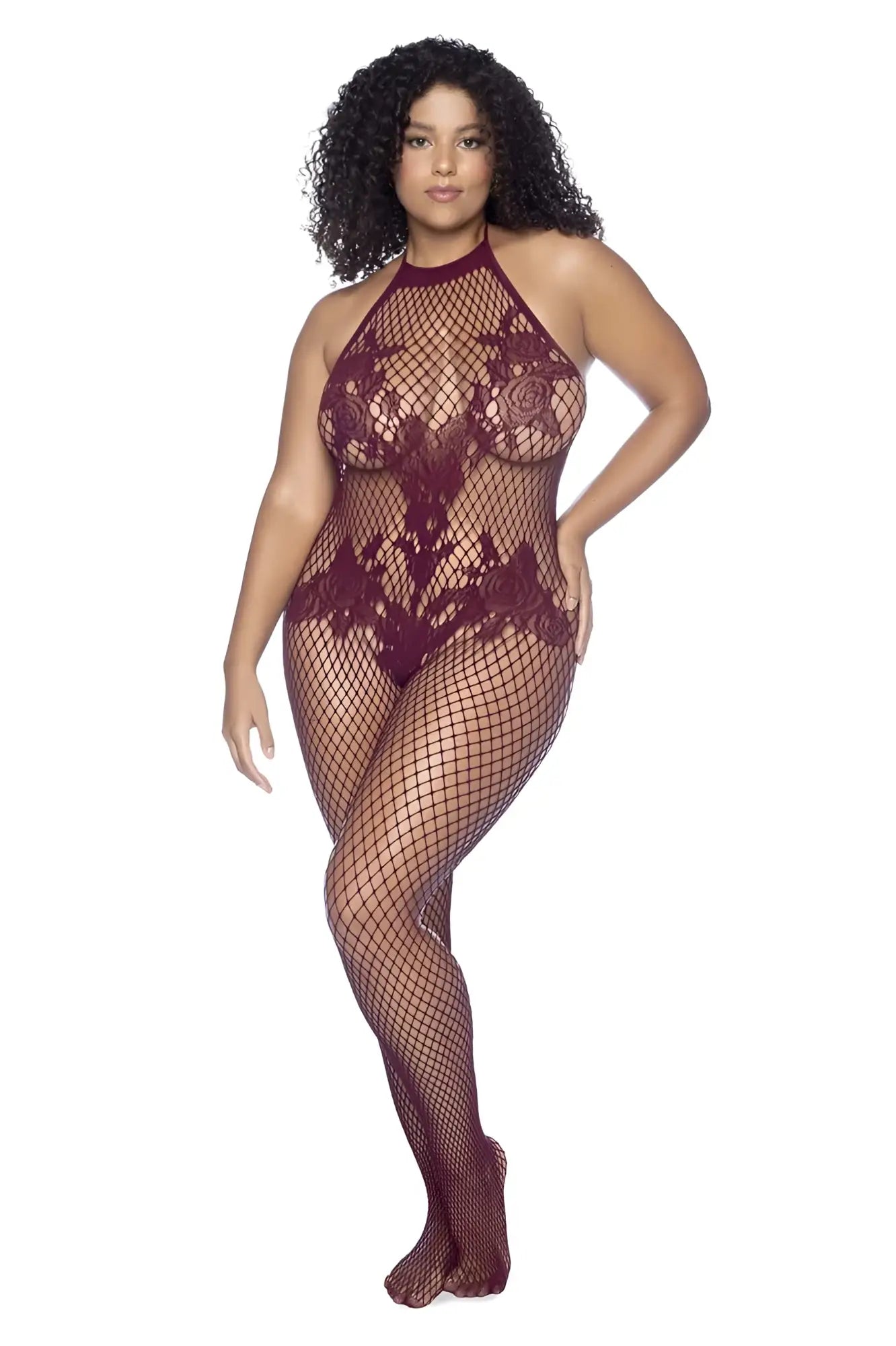 Mapale 1116X halter and crotchless floral bodystocking in cherry features a maroon lace bodysuit with fishnet mesh overlay