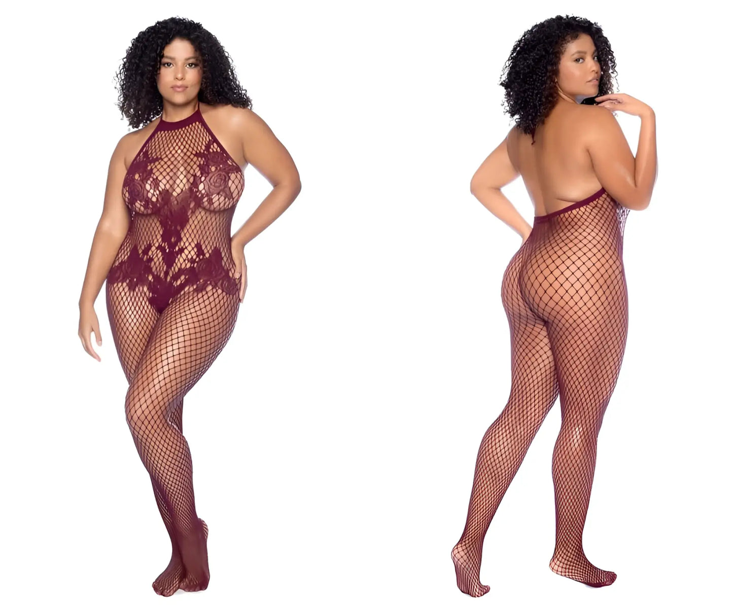 Maroon lace fishnet bodysuit with halter neckline and backless design by mapale 1116x in cherry color