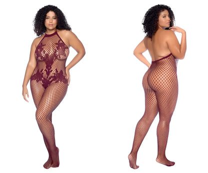 Maroon lace fishnet bodysuit with halter neckline and backless design by mapale 1116x in cherry color