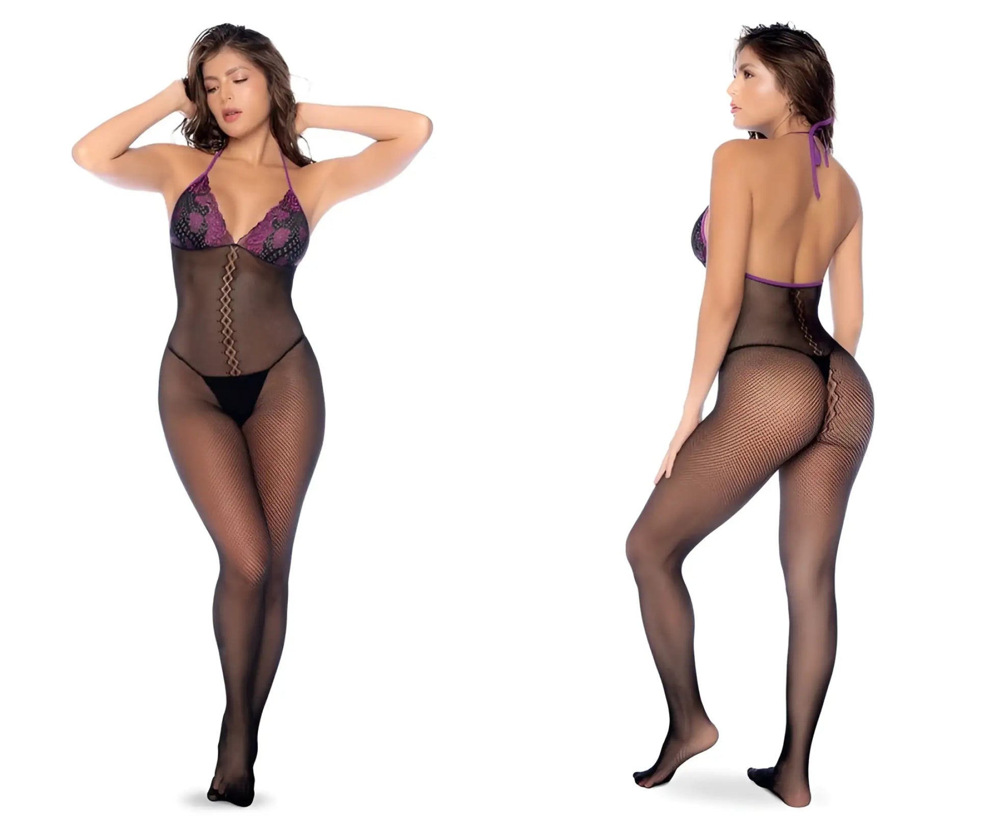 Black Mapale 1122 fishnet bodysuit with purple lace trim and back tie detail shown from the back side