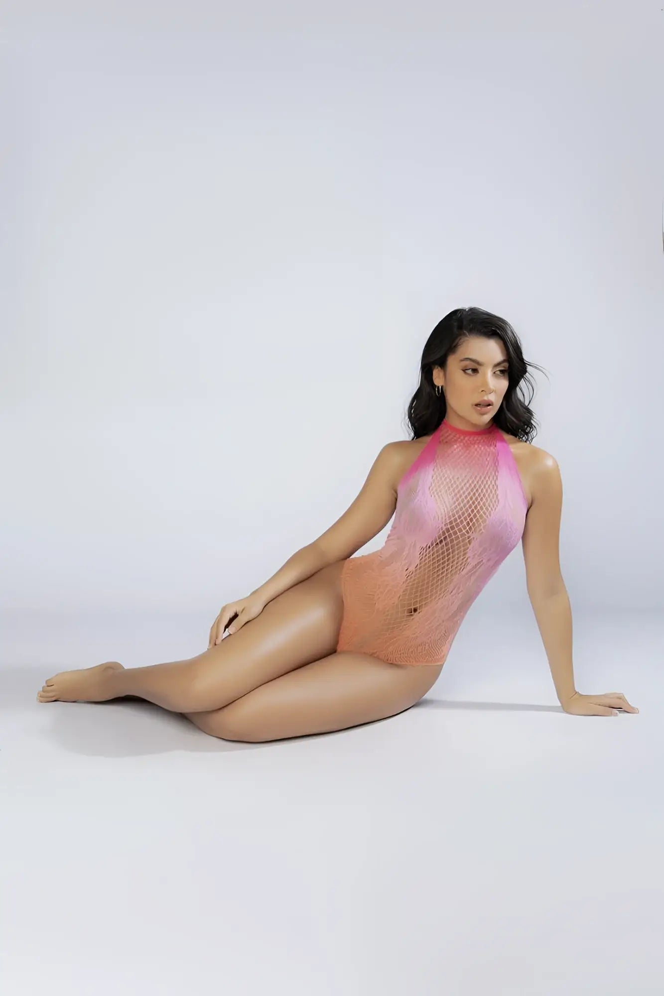 Gradient pink and peach mesh bodysuit with high neckline from mapale 1124 floral halter ombre collection color sunset
