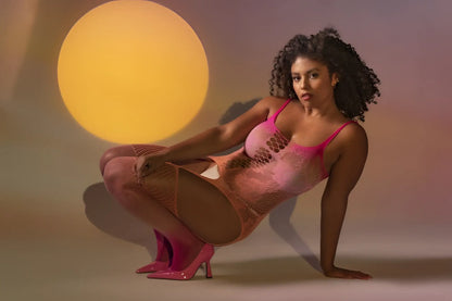 A vibrant pink mesh bodysuit with thin straps and a cutout design from mapale 1125x floral ombre bodystocking color sunset