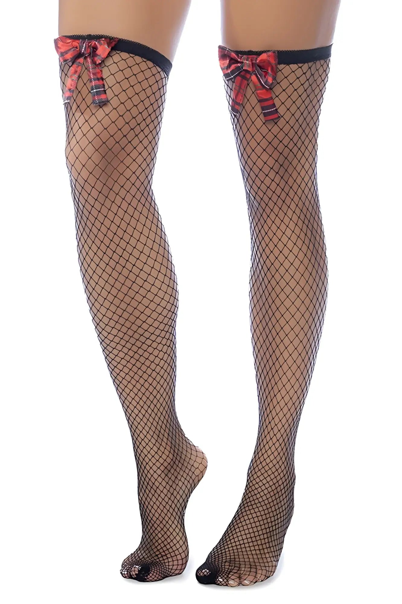Black diamond fishnet thigh highs by Mapale with red and black plaid bows at the top
