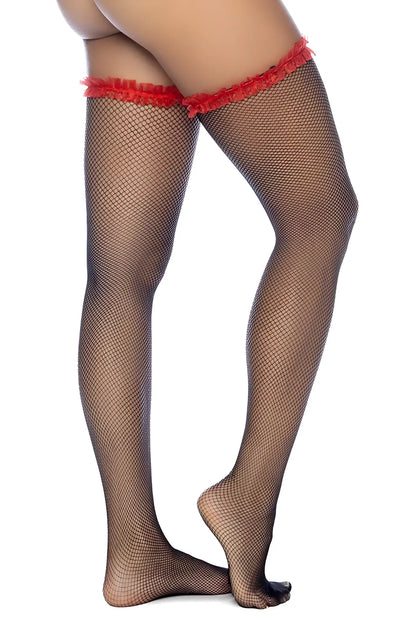 Black mapale 1129 fishnet thigh high stocking with red fringed ruffle top edge for elegant legwear style