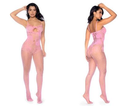 Pink lace bodysuit with mesh overlay and cutout detail in bubblegum pink from mapale 1130 floral fishnet bodysuit set