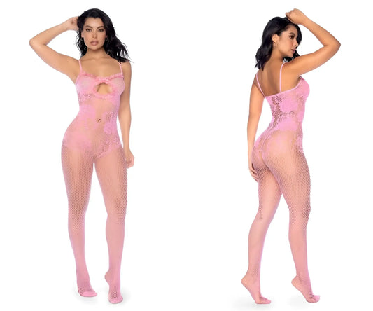 Pink lace bodysuit with mesh overlay and cutout detail in bubblegum pink from mapale 1130 floral fishnet bodysuit set