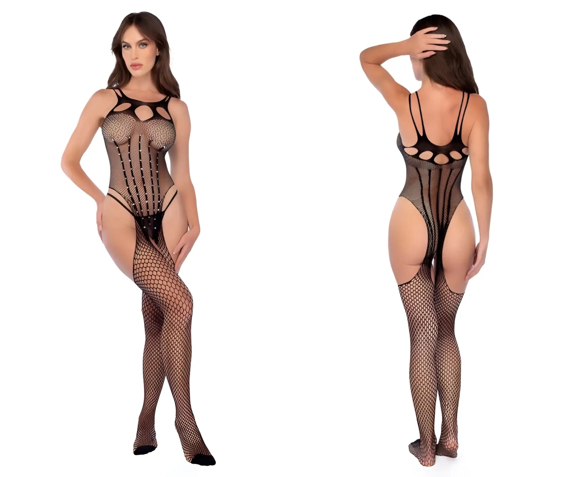 Black mapale 1136 fishnet bodystocking with cutout details rhinestone embellishments and mesh design