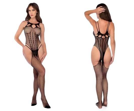 Black mapale 1136 fishnet bodystocking with cutout details rhinestone embellishments and mesh design