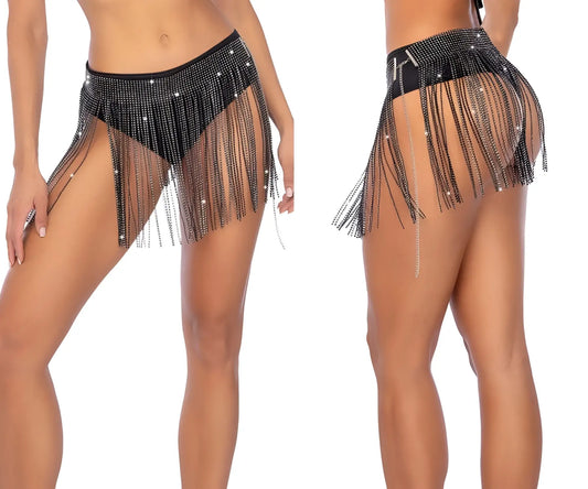 Mapale 1138 glam fringe belt black dance skirt with black sequins chain fringe and sparkling rhinestones