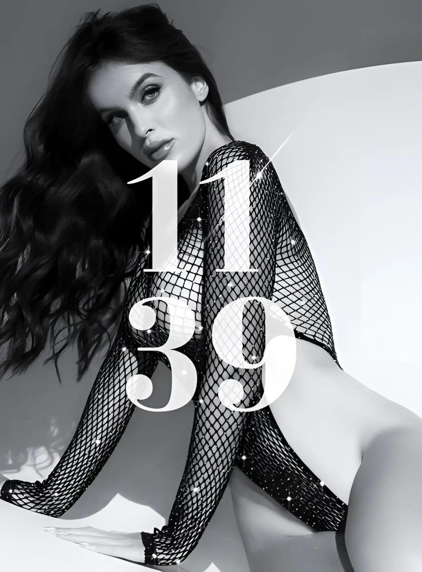 Black fishnet long sleeve bodysuit with rhinestones and glittery texture by Mapale 1139