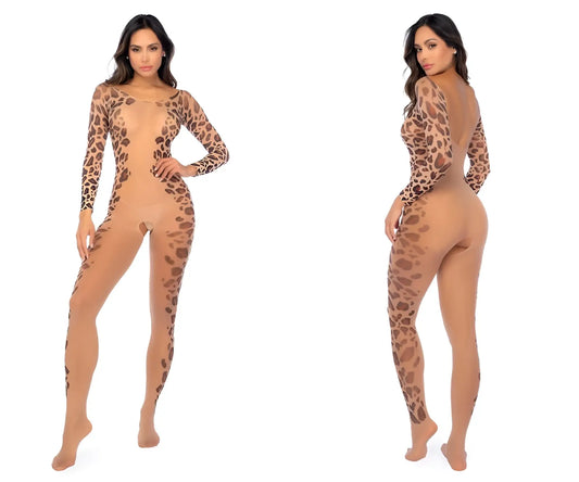 Mapale 1143 sheer leopard print mesh bodystocking with long sleeves and a backless design shown from the back side