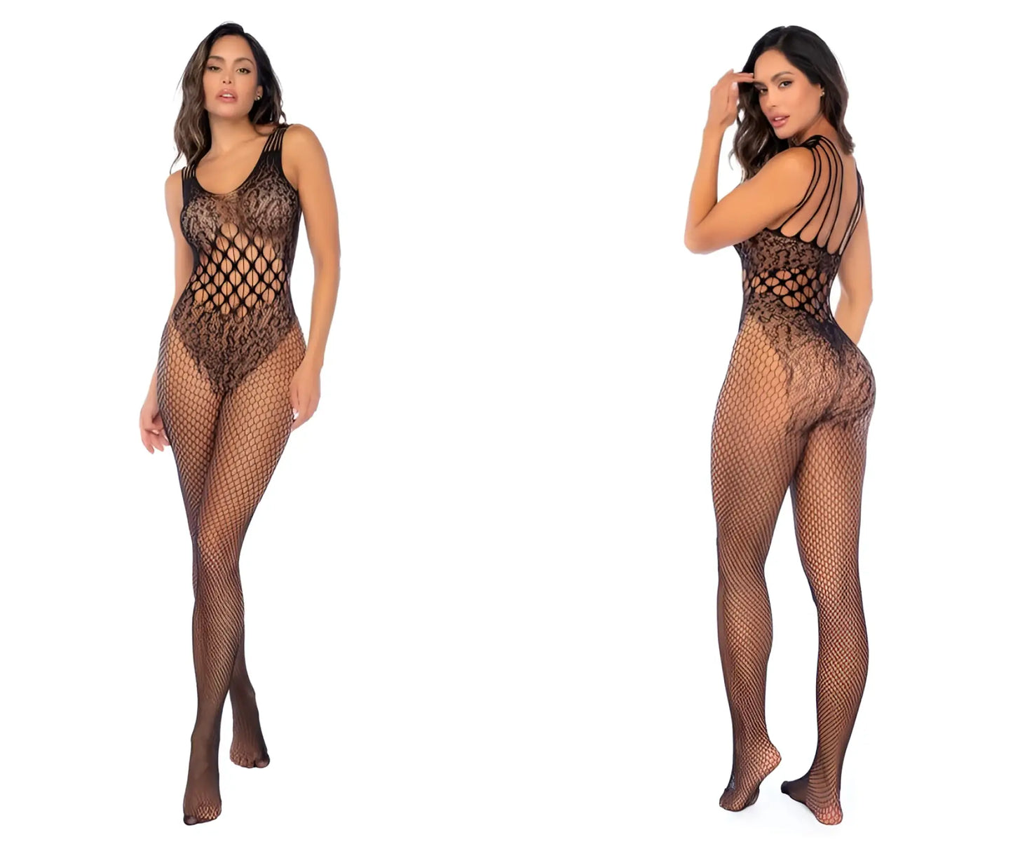 Back view of mapale 1145 leopard fishnet black bodystocking with lace overlay and crisscross straps