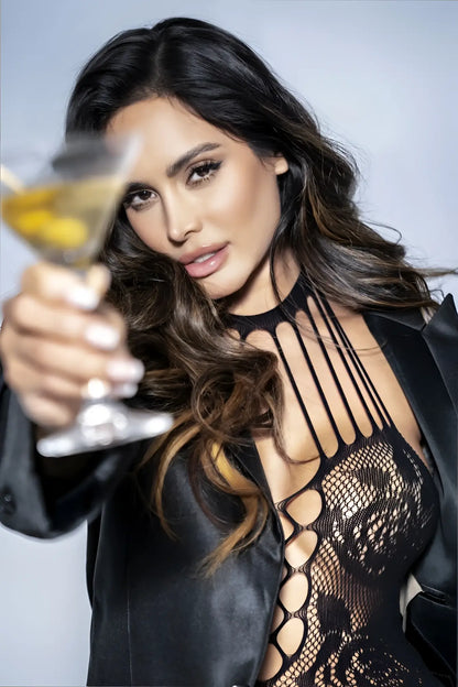 Black lace bodysuit with cut-out detailing and sheer mesh overlay from Mapale 1150 Rose Fishnet Chemise in black