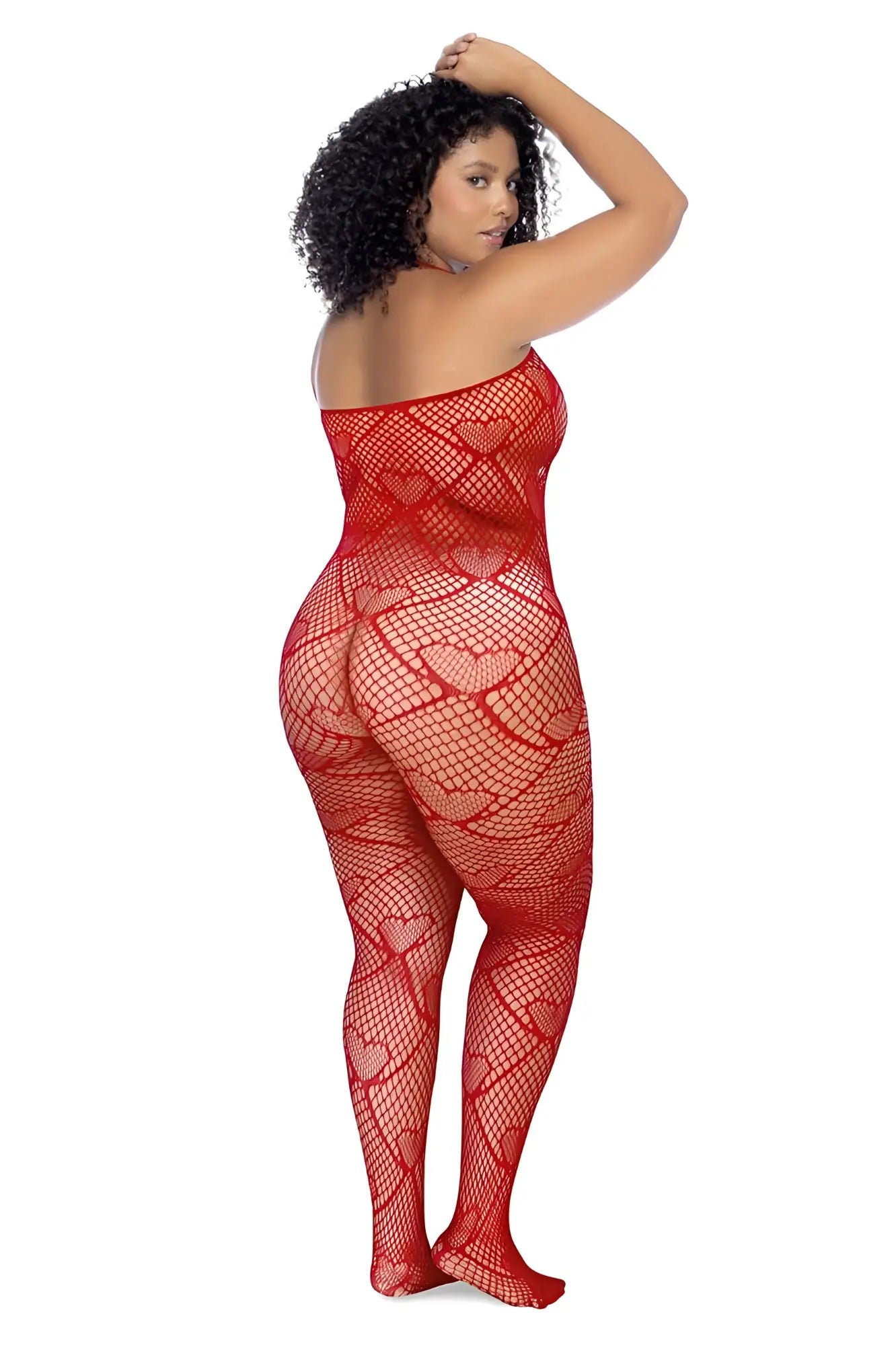 Red mapale 1164x fishnet bodystocking with heart-shaped mesh pattern and rhinestone detail in red