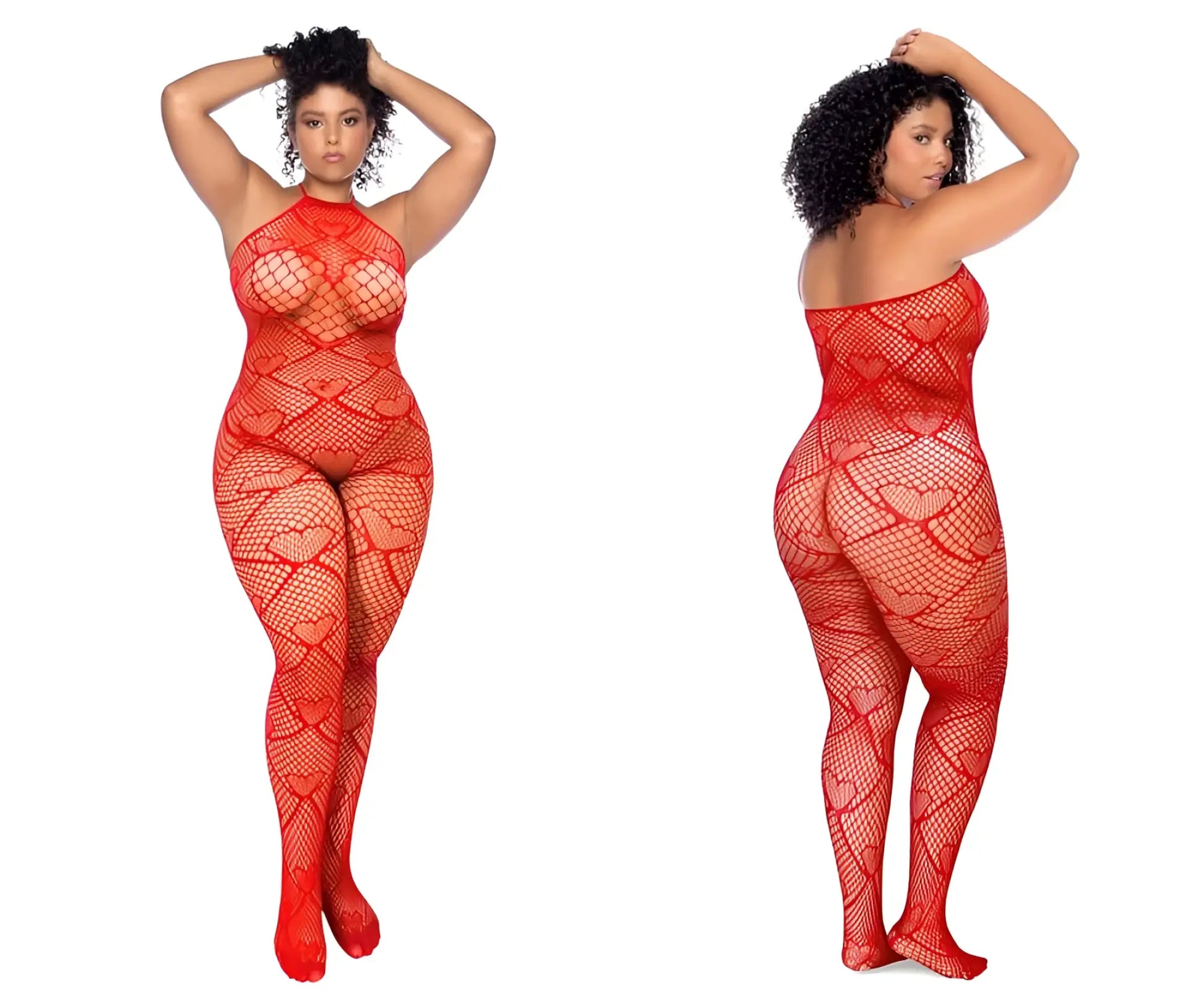 Red heart-patterned mesh bodysuit with rhinestone detail by Mapale in red fishnet material for a bold look