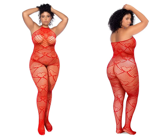 Red heart-patterned mesh bodysuit with rhinestone detail by Mapale in red fishnet material for a bold look