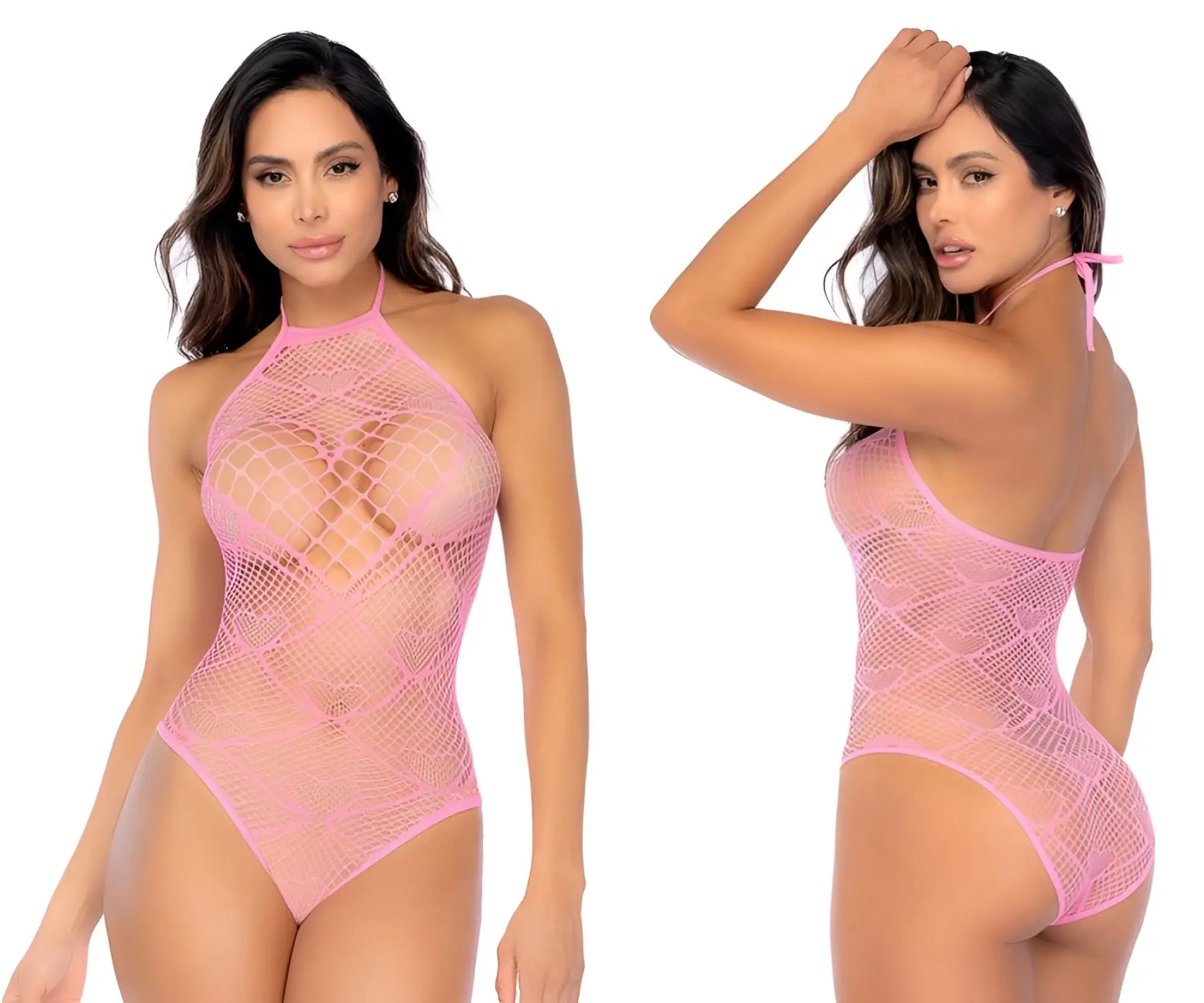 Pink mesh halter neck bodysuit with tie-back straps in bubblegum pink by mapale 1165 heart fishnet design