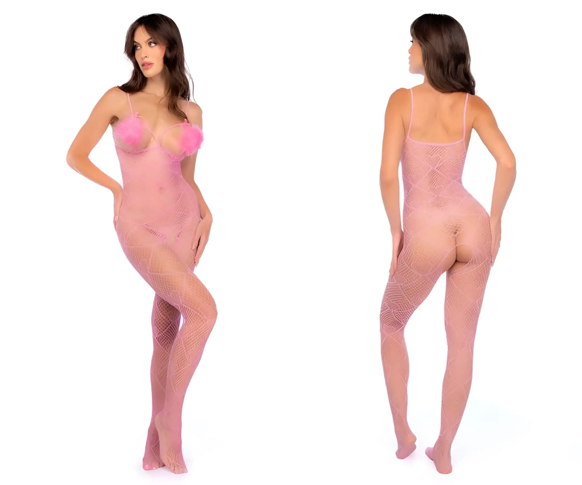 Pink mesh body stocking by Mapale with sheer fishnet pattern and fluffy pink bust embellishments in bubblegum pink
