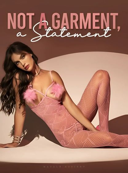 Pink mesh fishnet bodysuit with fluffy pink pom-poms at the bust in bubblegum pink by mapale 1167