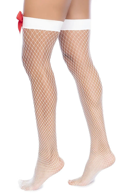 White fishnet thigh high stockings with red bow on left leg from mapale 1172 nurse collection