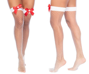 White fishnet thigh-high stockings with red bow accents by Mapale 1172 nurse fishnet thigh high color white-red