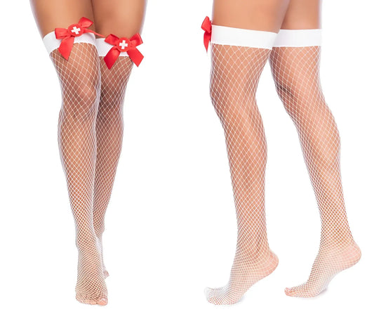 White fishnet thigh-high stockings with red bow accents by Mapale 1172 nurse fishnet thigh high color white-red