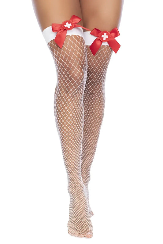 White fishnet thigh-high stockings with red satin bows and white cross center from mapale 1172 nurse collection