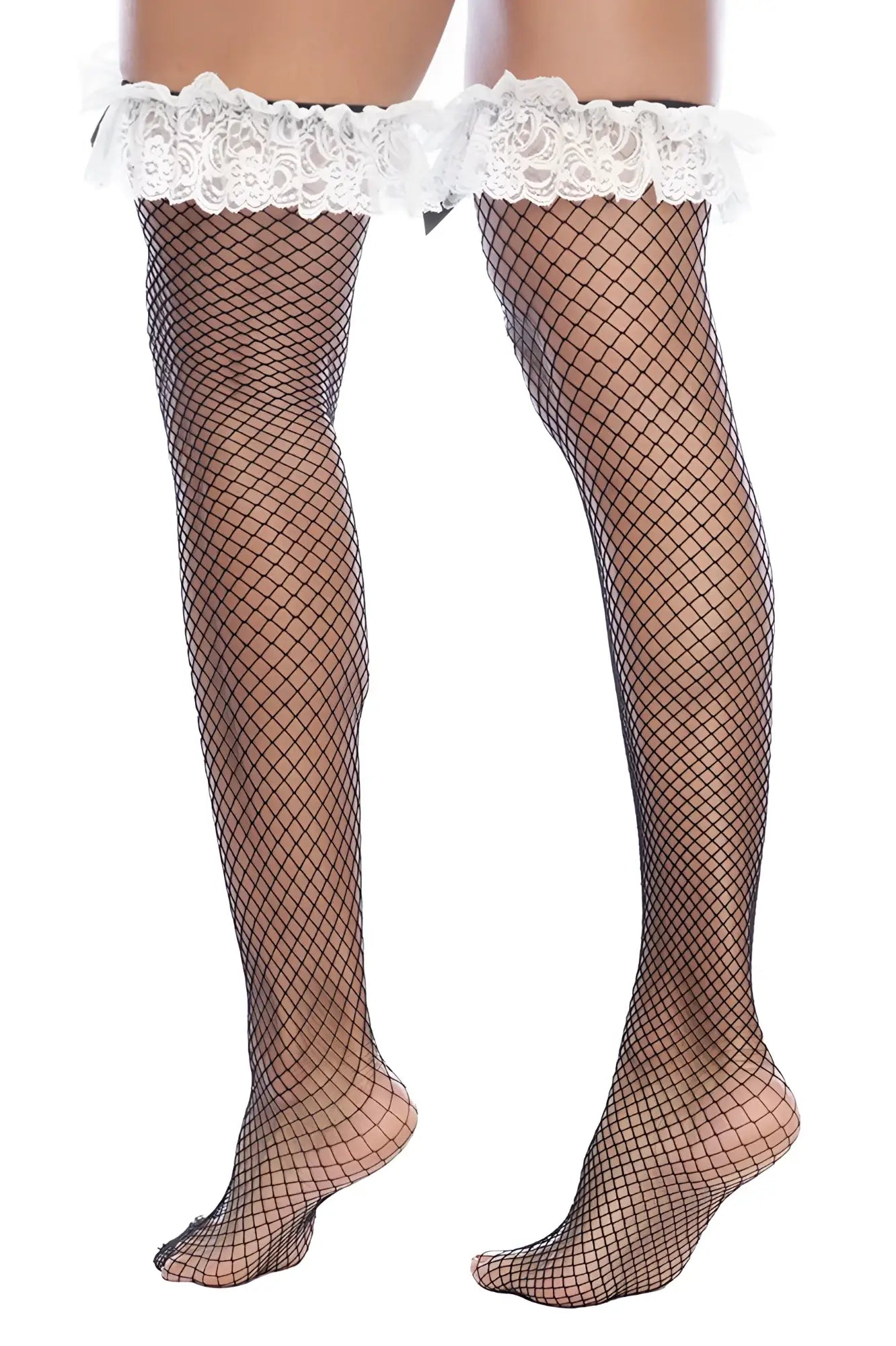 Black fishnet thigh-high stockings with white lace trim from mapale 1173 maid fishnet thigh high collection