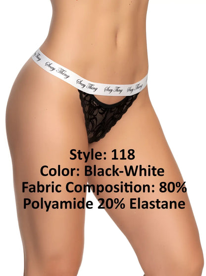 Black lace thong with white elastic waistband featuring sexy thing logo in black script mapale 118 lace keyhole panty