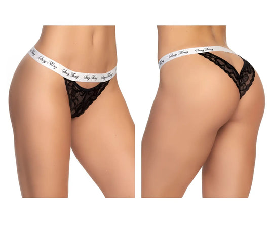 Black lace thong panty with white elastic waistband featuring sexy thing brand name by mapale 118 color black-white