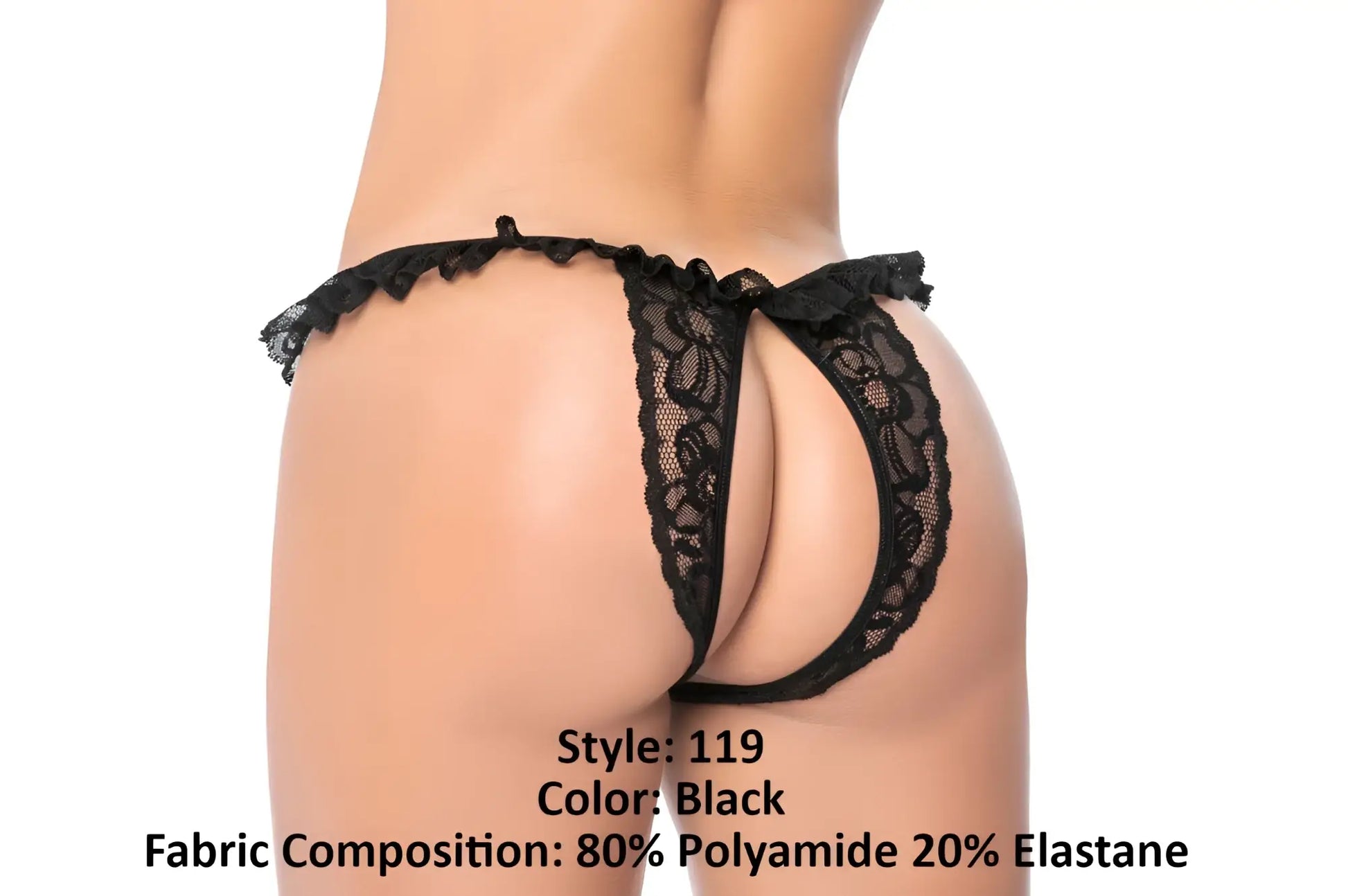 Black lace thong panty by Mapale with intricate floral patterns and ruffled edges in sleek black lace material