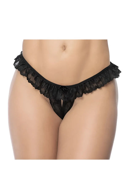 Black lace thong panty by Mapale with ruffled hem and delicate bow in black lace peek-a-boo design