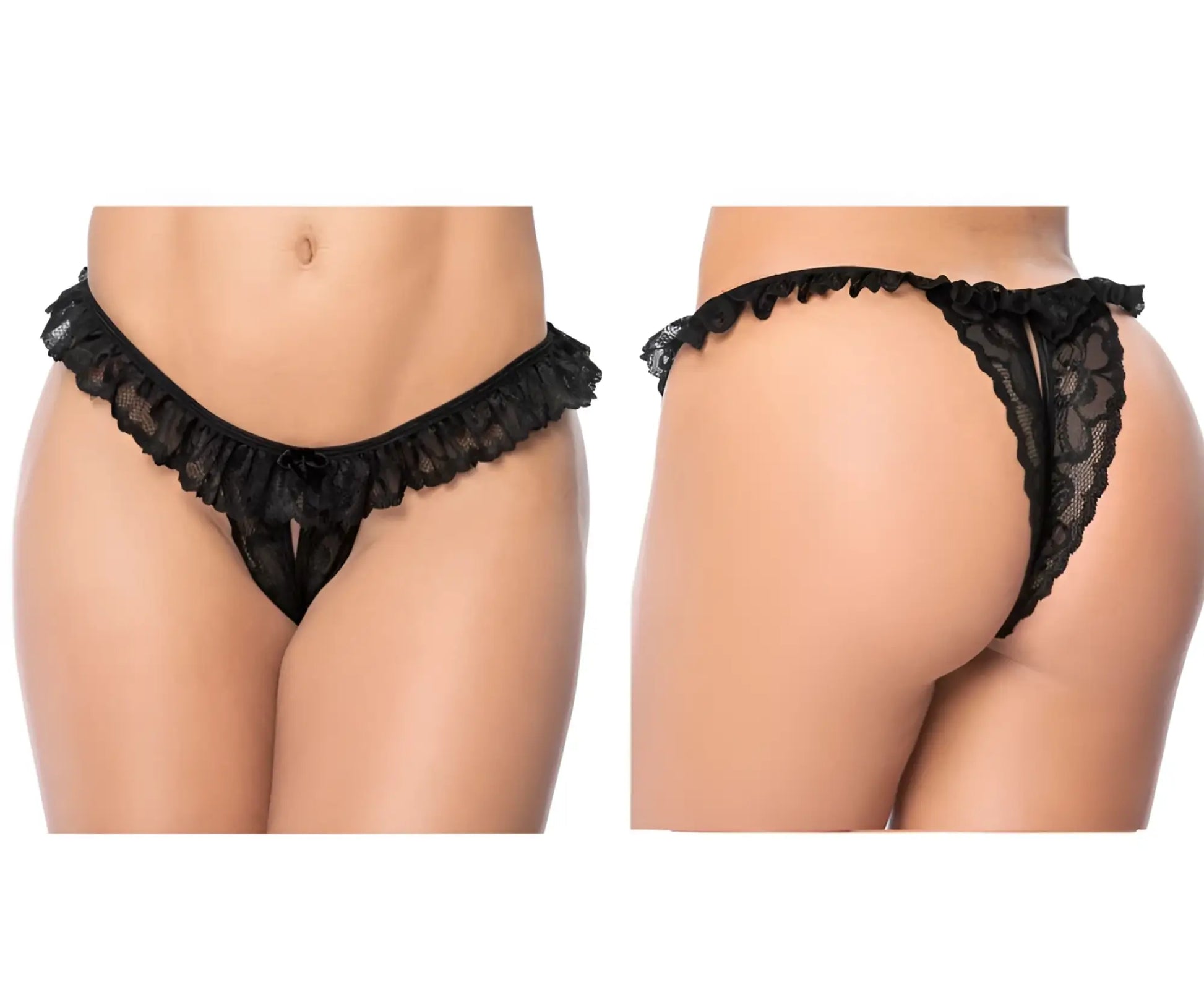 Black lace thong panty with ruffled trim and delicate floral pattern in black from Mapale 119 lace peek-a-boo line