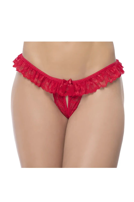 Red lace peek-a-boo panty by mapale with ruffled hem and small bow in vibrant red lace material