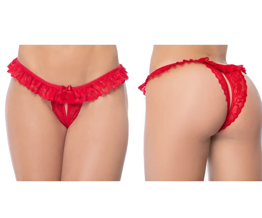 Red lace peek-a-boo thong panty with ruffled trim and small bow in red by Mapale 119