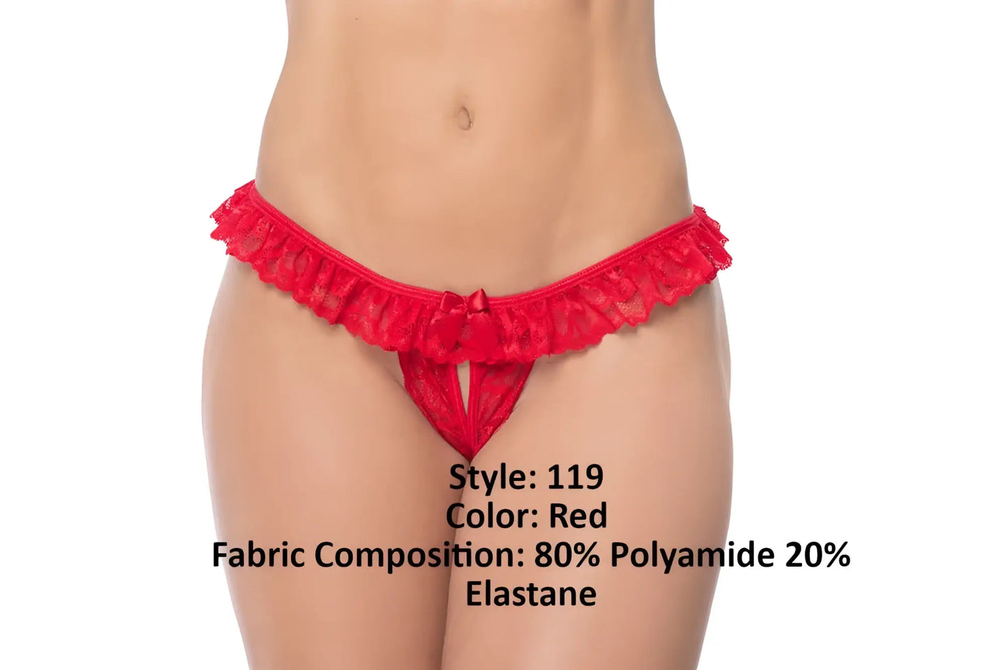 Red lace peek-a-boo thong panty by Mapale with ruffled waistband and central bow detail in vibrant red color