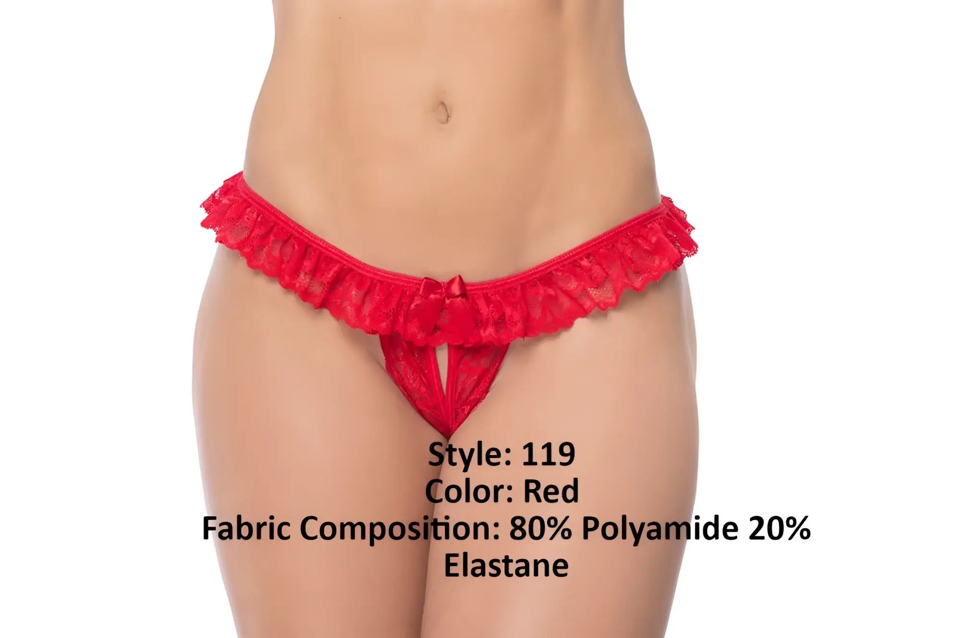 Red lace peek-a-boo thong panty by Mapale with ruffled waistband and central bow detail in vibrant red color