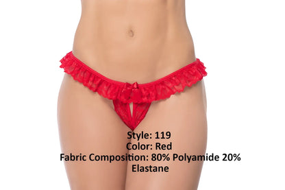 Red lace peek-a-boo thong panty by Mapale with ruffled waistband and central bow detail in vibrant red color
