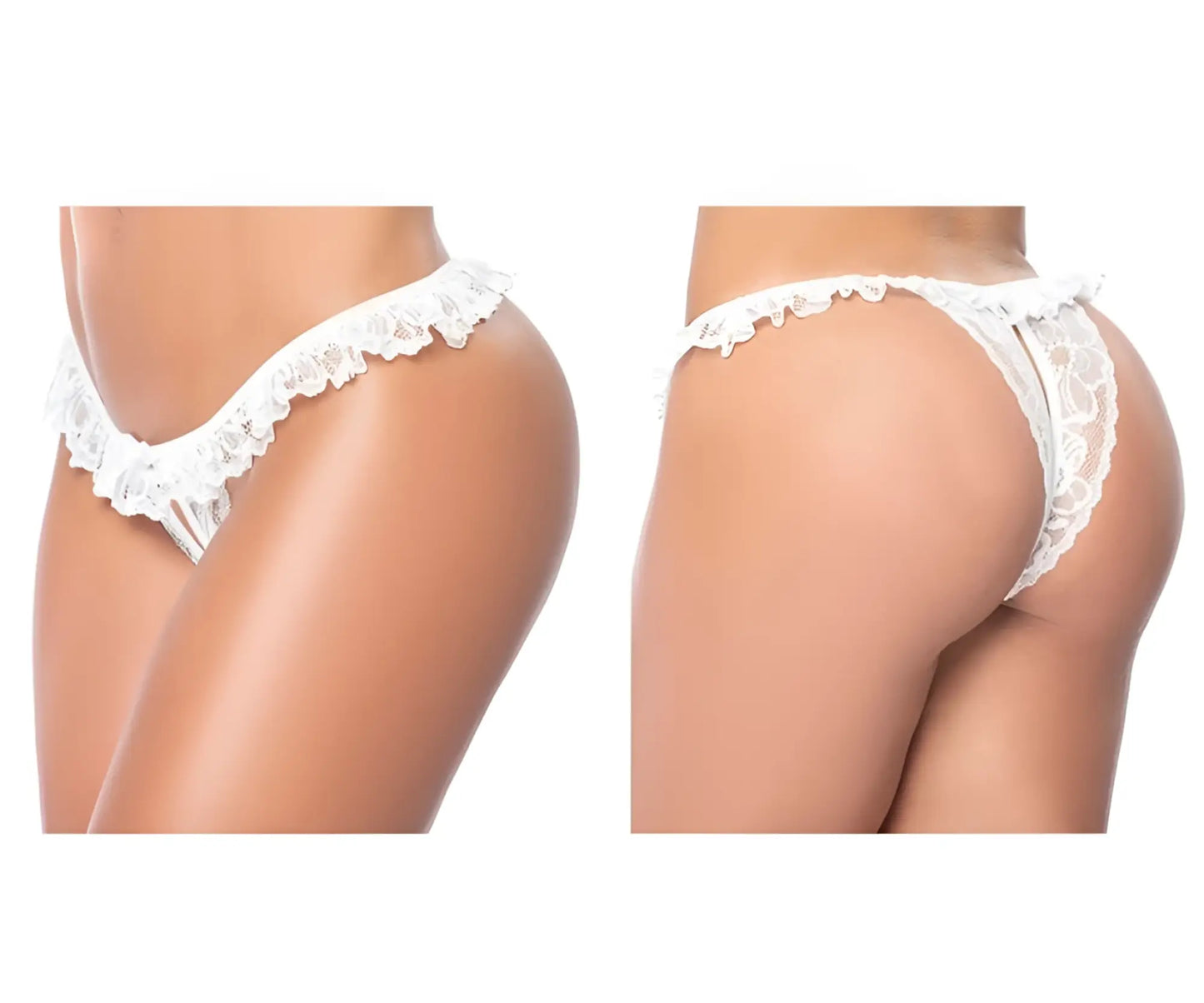White lace thong with delicate ruffled trim and intricate floral patterns from Mapale 119 lace peek-a-boo panty in white