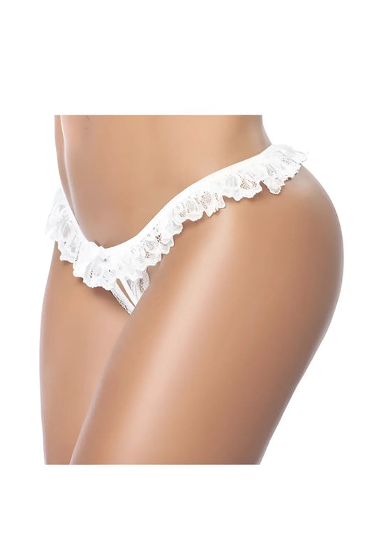 White lace thong panty by mapale with delicate ruffled trim in white lace fabric front view