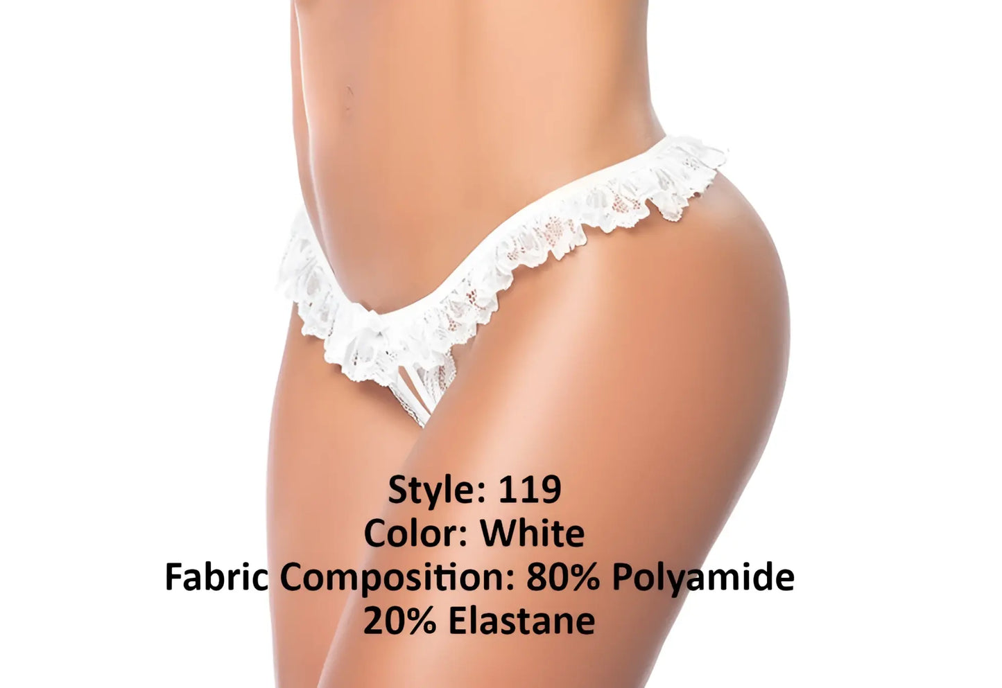 White lace thong with a delicate ruffled edge and sheer mesh detailing.