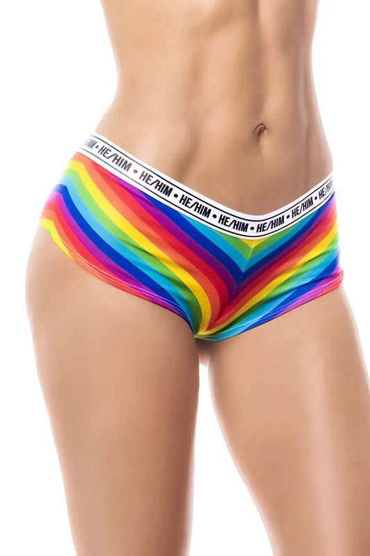 Mapale 122b rainbow cheeky short briefs with rainbow stripes and white elastic waistband featuring repeating he him text