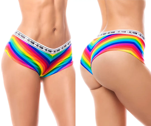 Mapale 122b rainbow cheeky short briefs with rainbow stripes and white elastic waistband he him branding